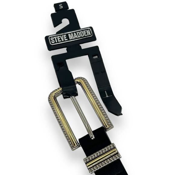 NEW Steve Madden Belt Small Black Faux Leather Belt Western Goth Silver Gold - Picture 6 of 8